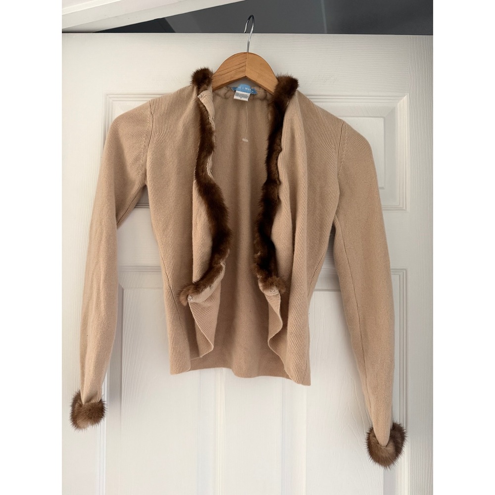 White + Warren Cashmere Cardigan Sweater Rabbit Trim Detail Luxury